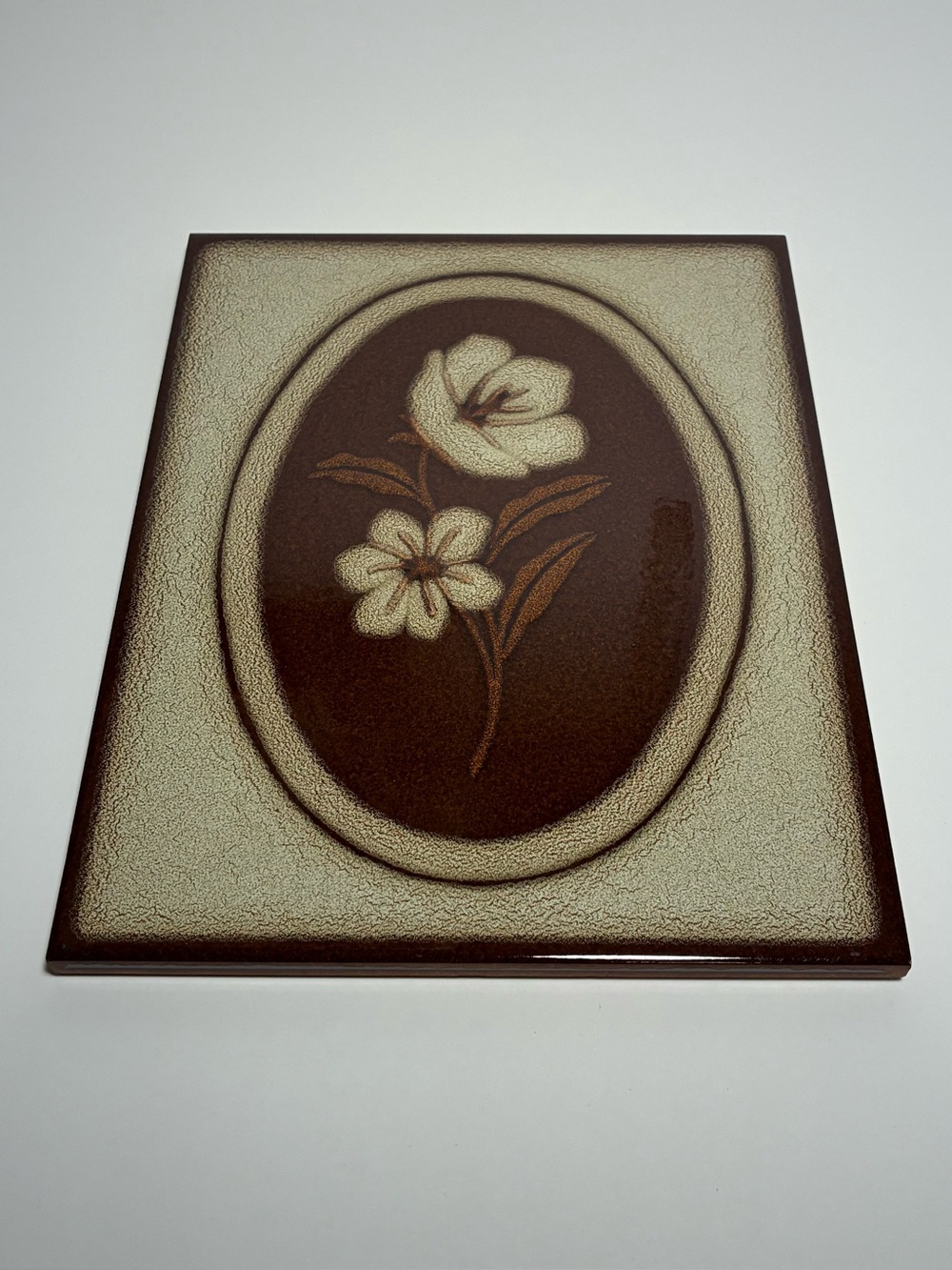Handmade Handcrafted Brown Cream Floral Terracotta Rectangle Tile Made in Italy